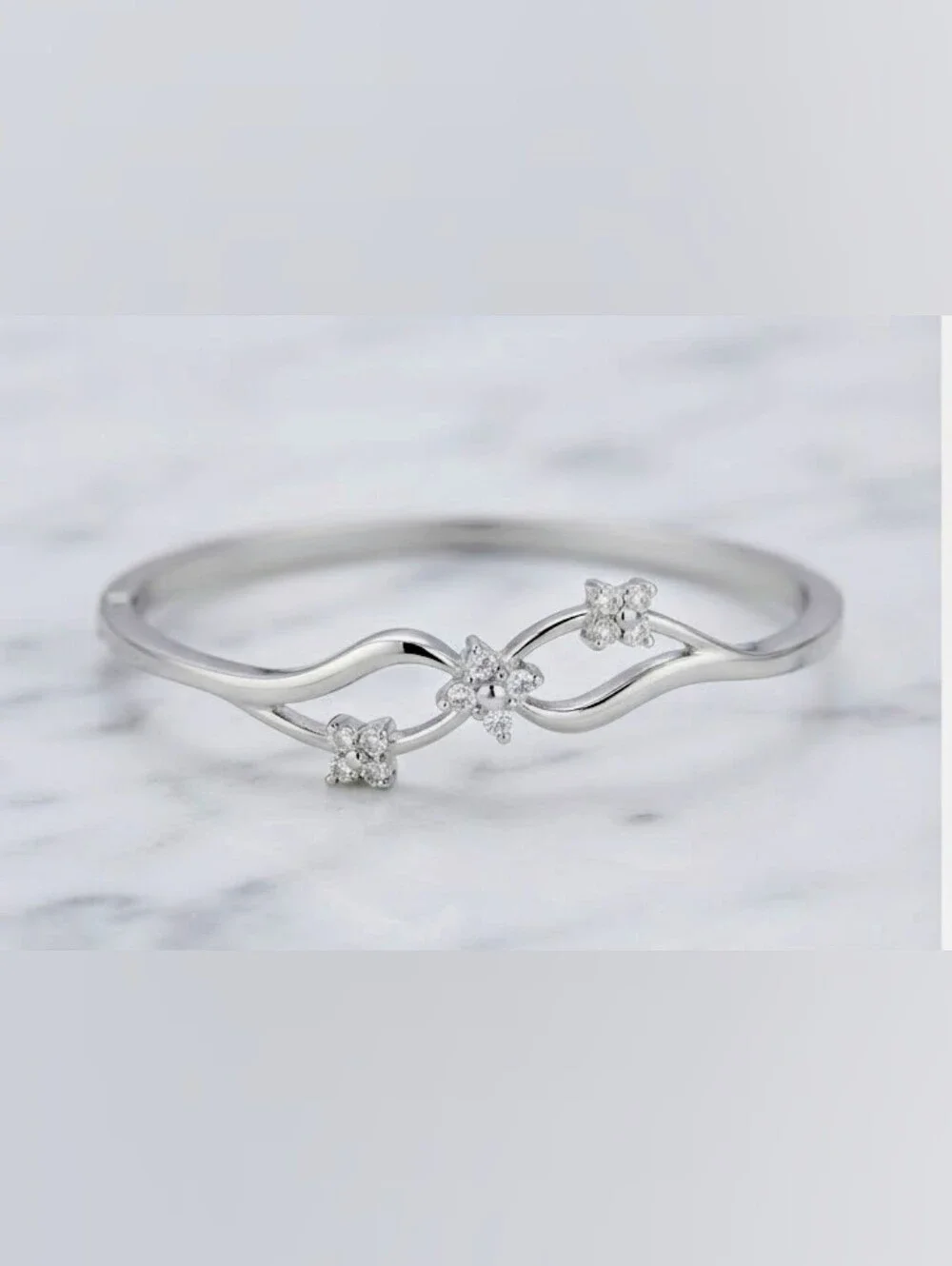Vintage NEW Danecraft Platinum Tone Formal Floral Crystal Hinged Bangle Bracelet